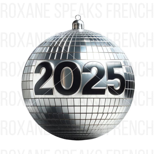 Silver disco ball ornament clipart with bold black 2025 numbers, perfect for New Year's Eve celebrations and holiday decor