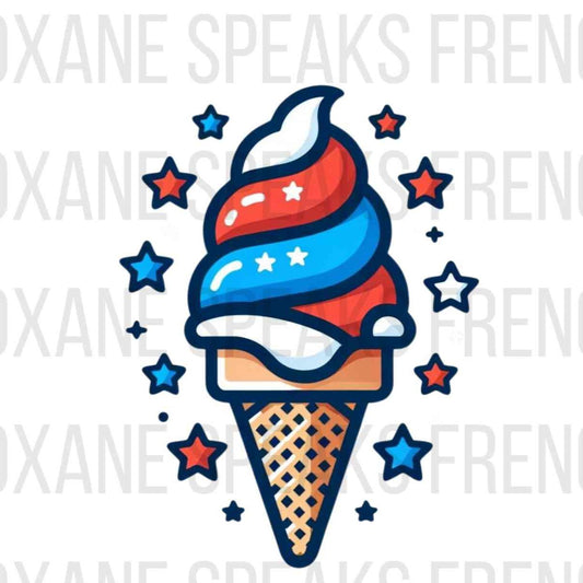 A colorful digital illustration of an ice cream cone with swirled ice cream in red, white, and blue colors. The ice cream is decorated with white stars and is surrounded by red, white, and blue star shapes. The design has a patriotic theme, suitable for the 4th of July clipart.