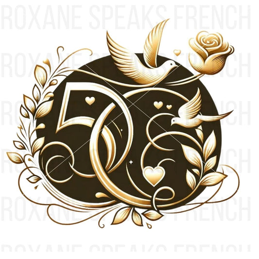 A clipart illustration celebrating a 50th anniversary, featuring the number "50" in elegant golden script.