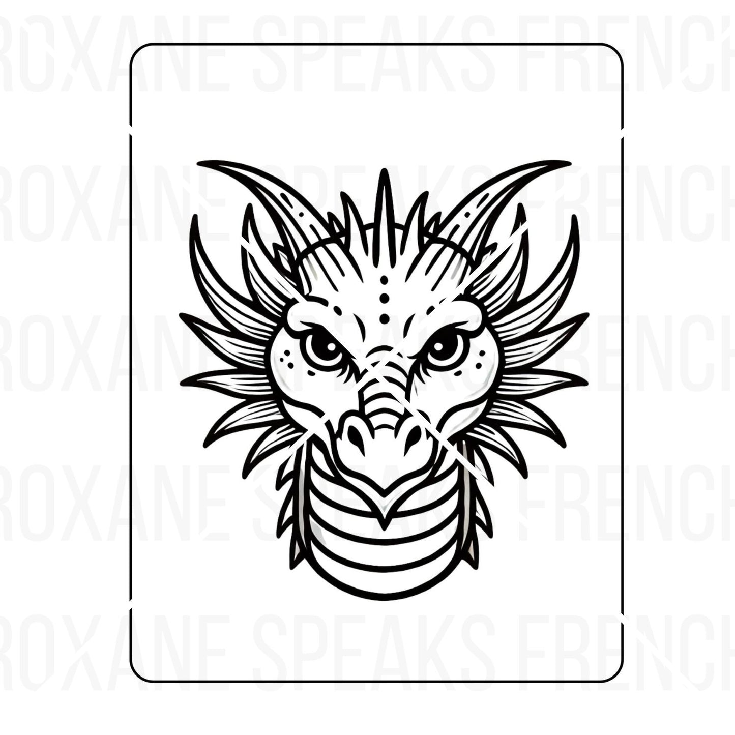 A detailed coloring page featuring the head of an adult dragon with intricate scales and piercing eyes