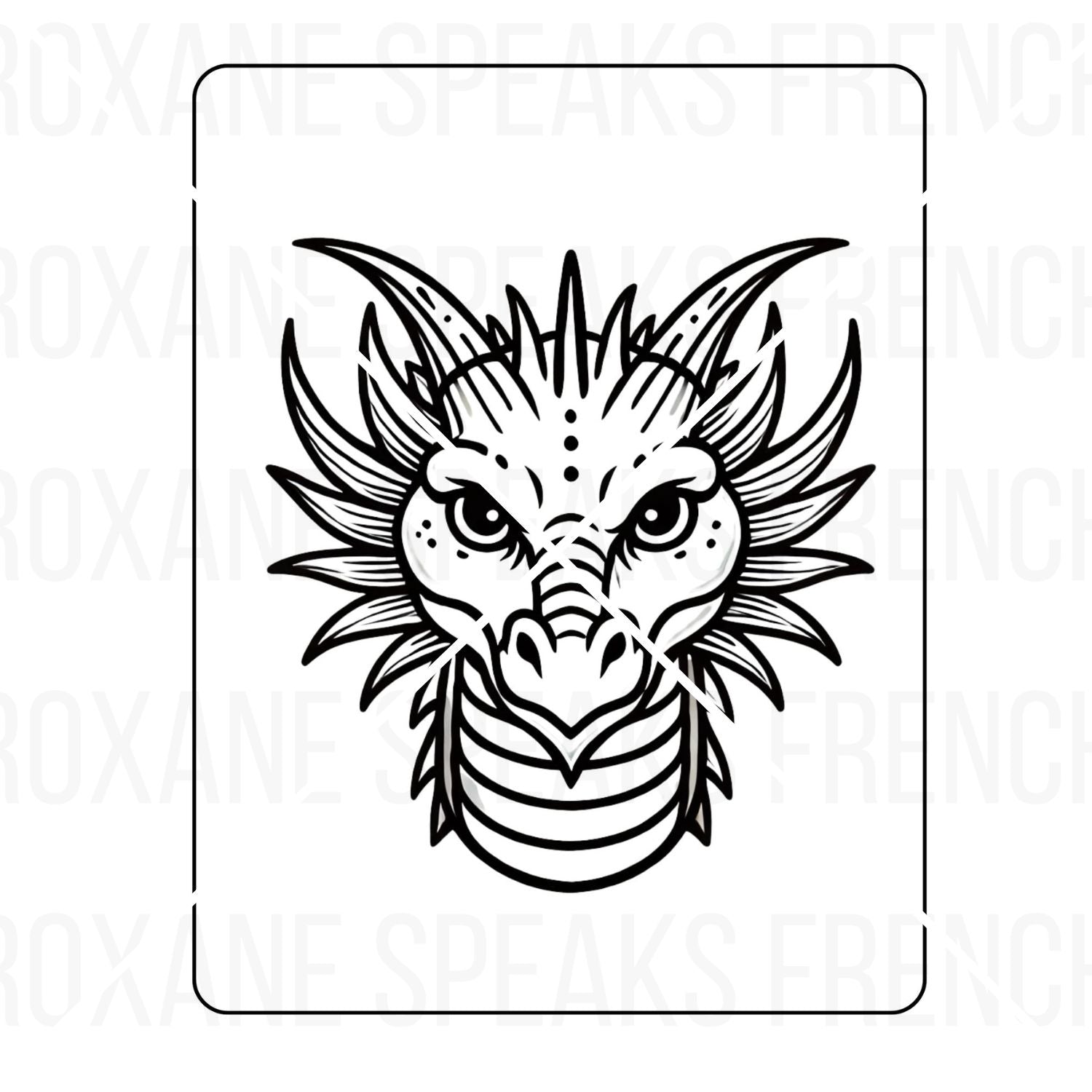 A detailed coloring page featuring the head of an adult dragon with intricate scales and piercing eyes
