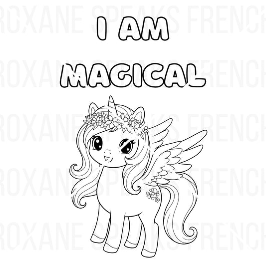 adorable alicorn outline coloring page with positive affirmation I am magical writting above the friendly character.