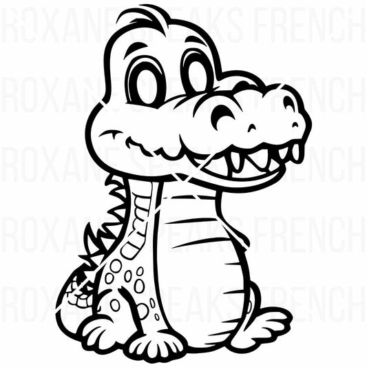 Adorable cartoon alligator SVG design with clean lines, perfect for Cricut and Silhouette crafting projects, including t-shirts, scrapbooking, and DIY decor