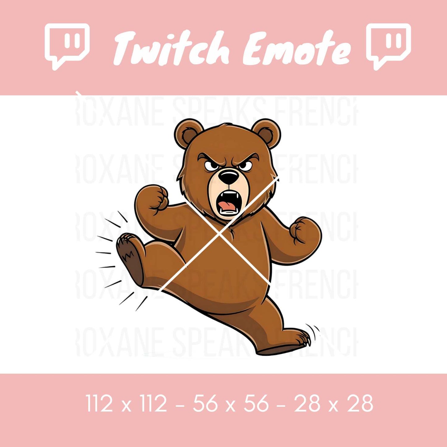 Cartoon angry bear Twitch emote featuring a fierce bear in a kicking pose with bold lines and vibrant details. Available as a high-quality PNG with standard sizes (112x112, 56x56, 28x28). Perfect for Twitch, Discord, and other streaming platforms to add personality and humor to chats.