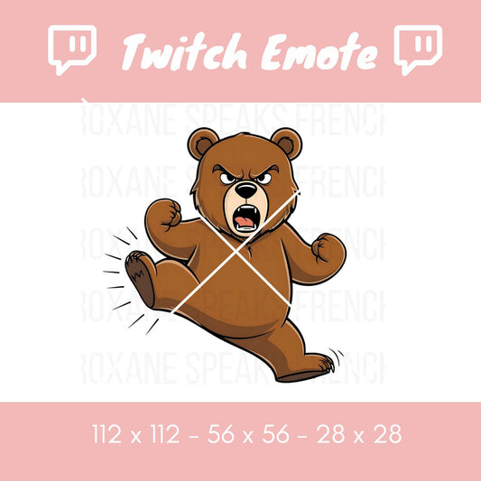 Cartoon angry bear Twitch emote featuring a fierce bear in a kicking pose with bold lines and vibrant details. Available as a high-quality PNG with standard sizes (112x112, 56x56, 28x28). Perfect for Twitch, Discord, and other streaming platforms to add personality and humor to chats.