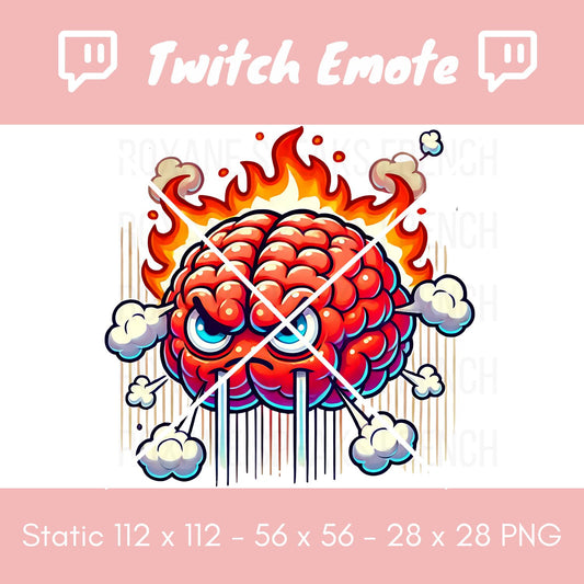 Static Twitch emote featuring an angry red brain with fiery flames and steam bursting from it, expressing frustration or intense focus, perfect for streamers and social media