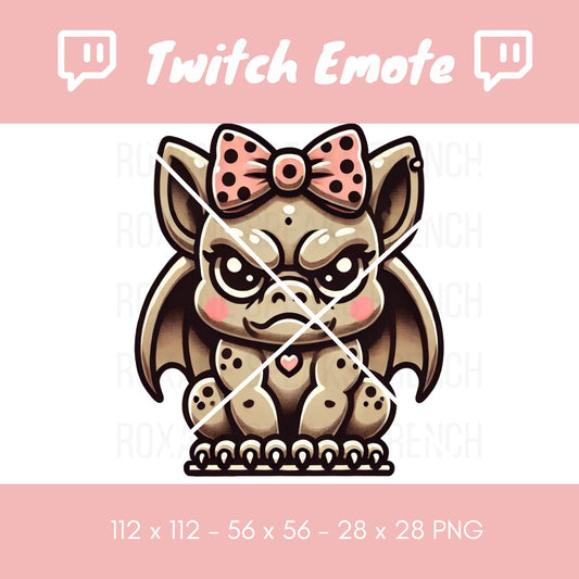 Twitch emote depicting an angry gargoyle with large expressive eyes and a pink polka dot bow, adding a touch of cuteness to its fierce appearance