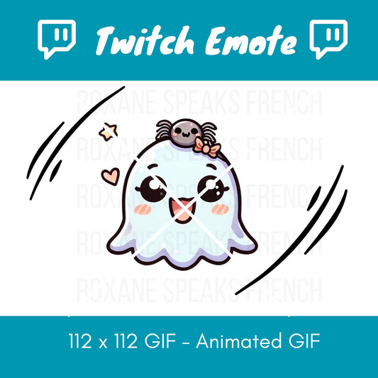 Animated Ghost Twitch Emote GIF featuring a cheerful kawaii ghost with rosy cheeks, a playful spider bow accessory, and smooth looping animation, perfect for Halloween-themed streams and chat reactions