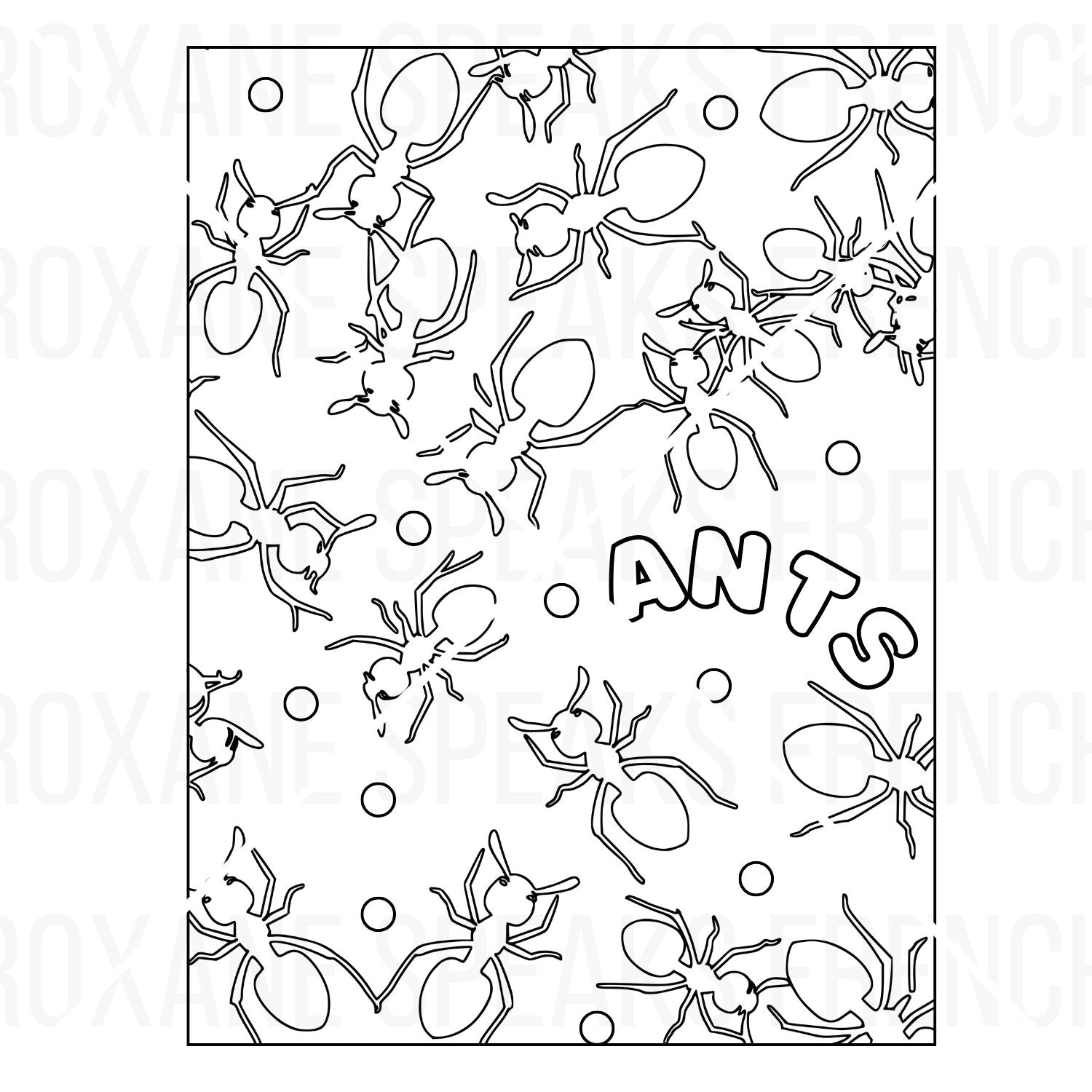Printable ants coloring page featuring an all-over pattern of cute cartoon ants and large outline 'ANTS' text with decorative circles.