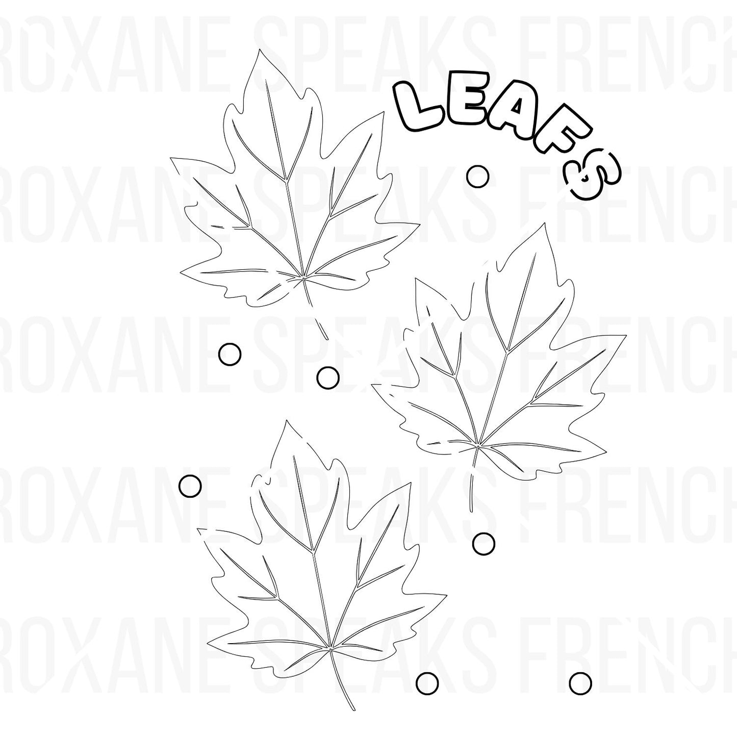 Autumn leaf coloring printable page featuring outlines of three different leaf types (oak, maple, and serrated) with decorative 'Autumn Leafs' text above.