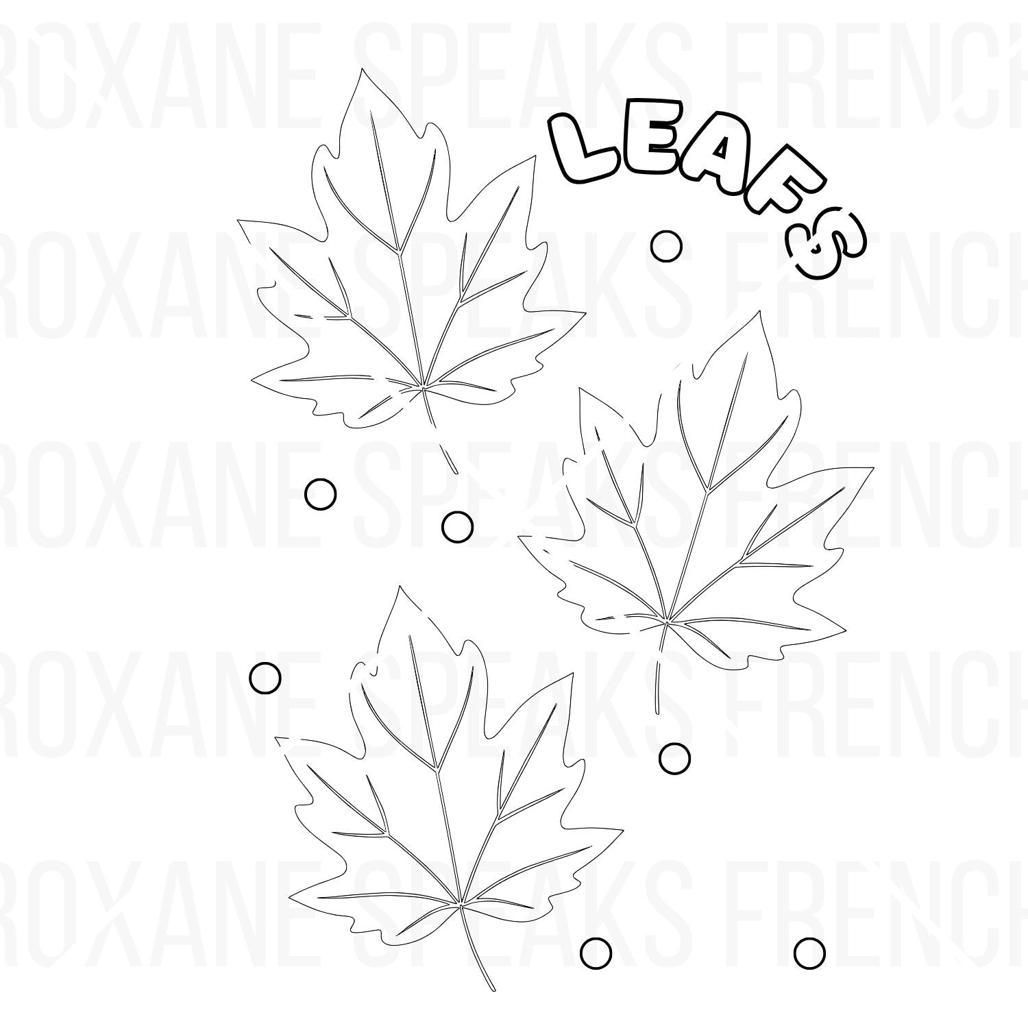 Autumn leaf coloring printable page featuring outlines of three different leaf types (oak, maple, and serrated) with decorative 'Autumn Leafs' text above.
