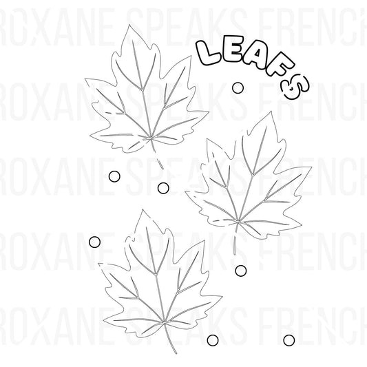 Autumn leaf coloring printable page featuring outlines of three different leaf types (oak, maple, and serrated) with decorative 'Autumn Leafs' text above.