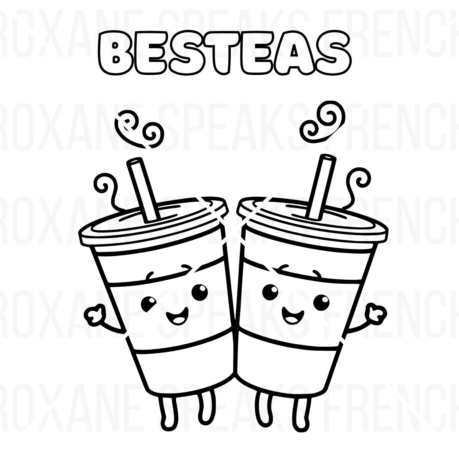 BFF Bubble Tea printable coloring page featuring two cute 'Besteas' characters and outline text