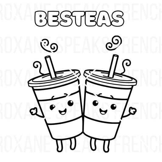 BFF Bubble Tea printable coloring page featuring two cute 'Besteas' characters and outline text