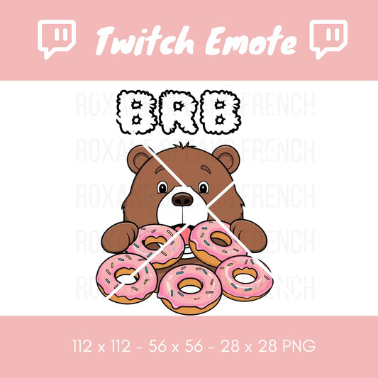Playful Twitch emote featuring a brown bear holding a stack of pink frosted donuts, with 'BRB' in bold letters above. This emote is perfect for streamers to use during breaks, indicating a short pause for snacks. It combines a cute, humorous image with the commonly used abbreviation 'BRB' (Be Right Back), suitable for both Twitch and Discord.