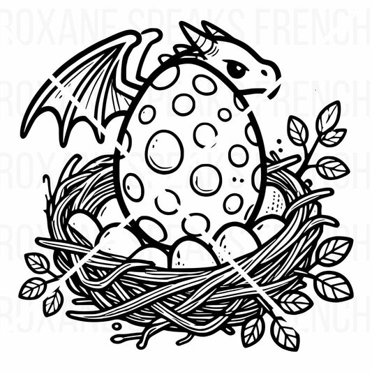 A black and white illustration of a baby dragon with wings and spotted body, sitting protectively in a nest. The nest contains eggs and is surrounded by intricate twigs and leaves.