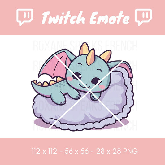 A kawaii-style Twitch emote featuring a baby dragon in soft blue and pink hues, comfortably nestled on a fluffy cloud-like pillow. The dragon has cute, oversized eyes and a playful expression, adding a touch of whimsy and charm to any chat.