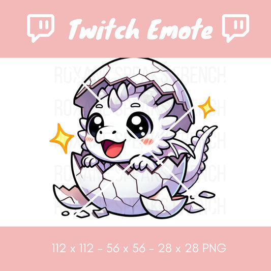 A Twitch emote showcasing a baby white dragon joyfully emerging from its egg. The dragon's eyes sparkle with excitement, complemented by a wide smile and fluttering wings, as it breaks free from the eggshell