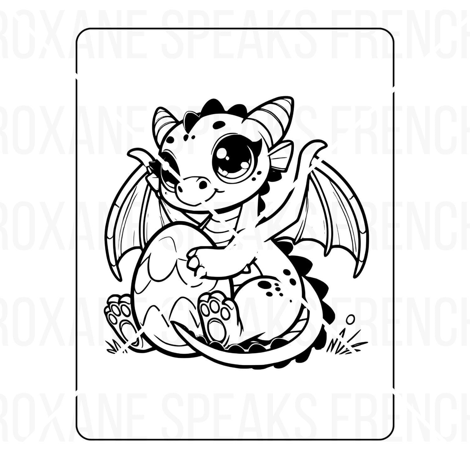 A cute coloring page showing a baby dragon sitting next to a large egg, both adorned with playful spots.