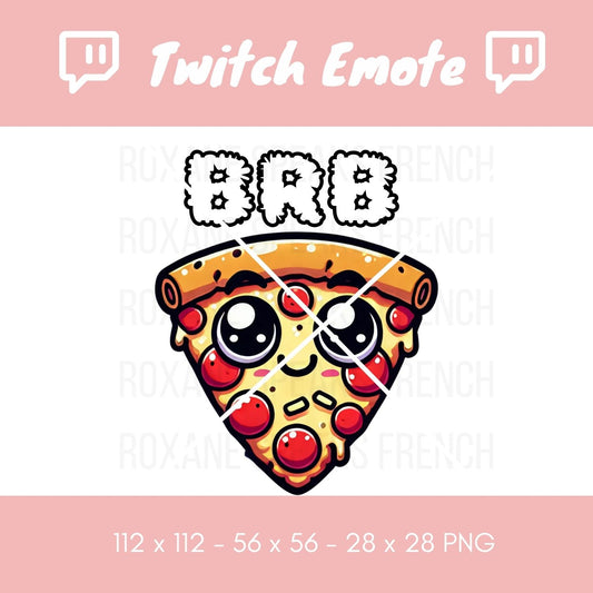 Animated 'Game Break' pizza slice emote featuring playful eyes and 'BRB' text, tailored for gamers, available in various sizes (112x112, 56x56, 28x28 pixels) set against a gamer-friendly pink background, perfect for Twitch and Discord usage