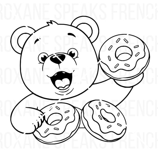 Illustration of a cute bear holding donuts, available as both SVG and PNG formats, perfect for a wide range of DIY crafts and small business branding.