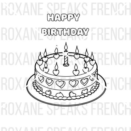 A cute birthday cake coloring page for kids, showing a simple cake with heart candles ready to be colored in for a party or fun activity