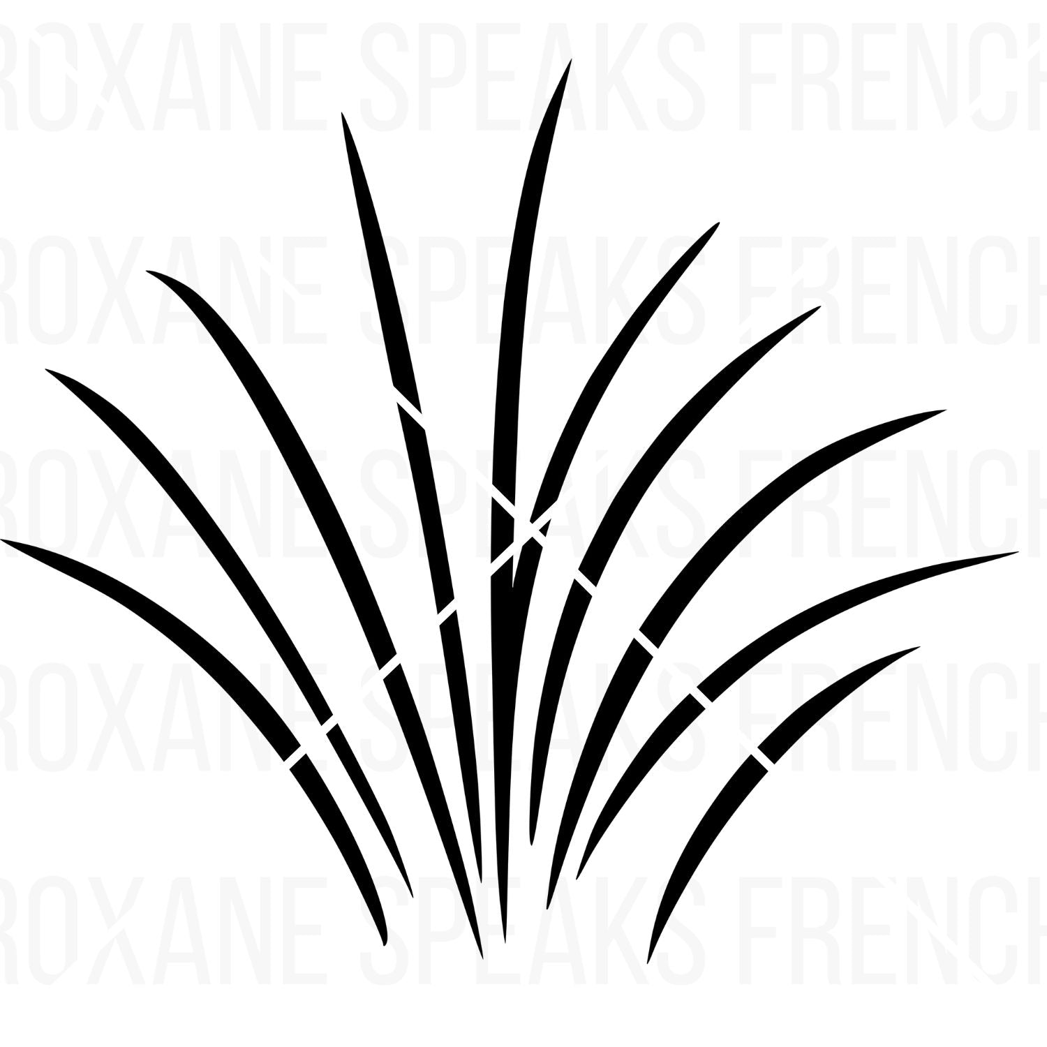 Black silhouette of a stylized grass tuft with sharp blades and small white highlight cutouts.