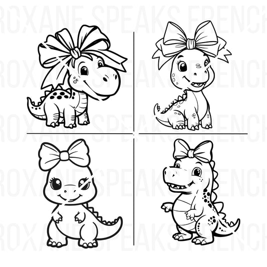 Four SVG and clipart files of cute cartoon prehistoric animals, each styled with a playful bow, presented in black and white line art.