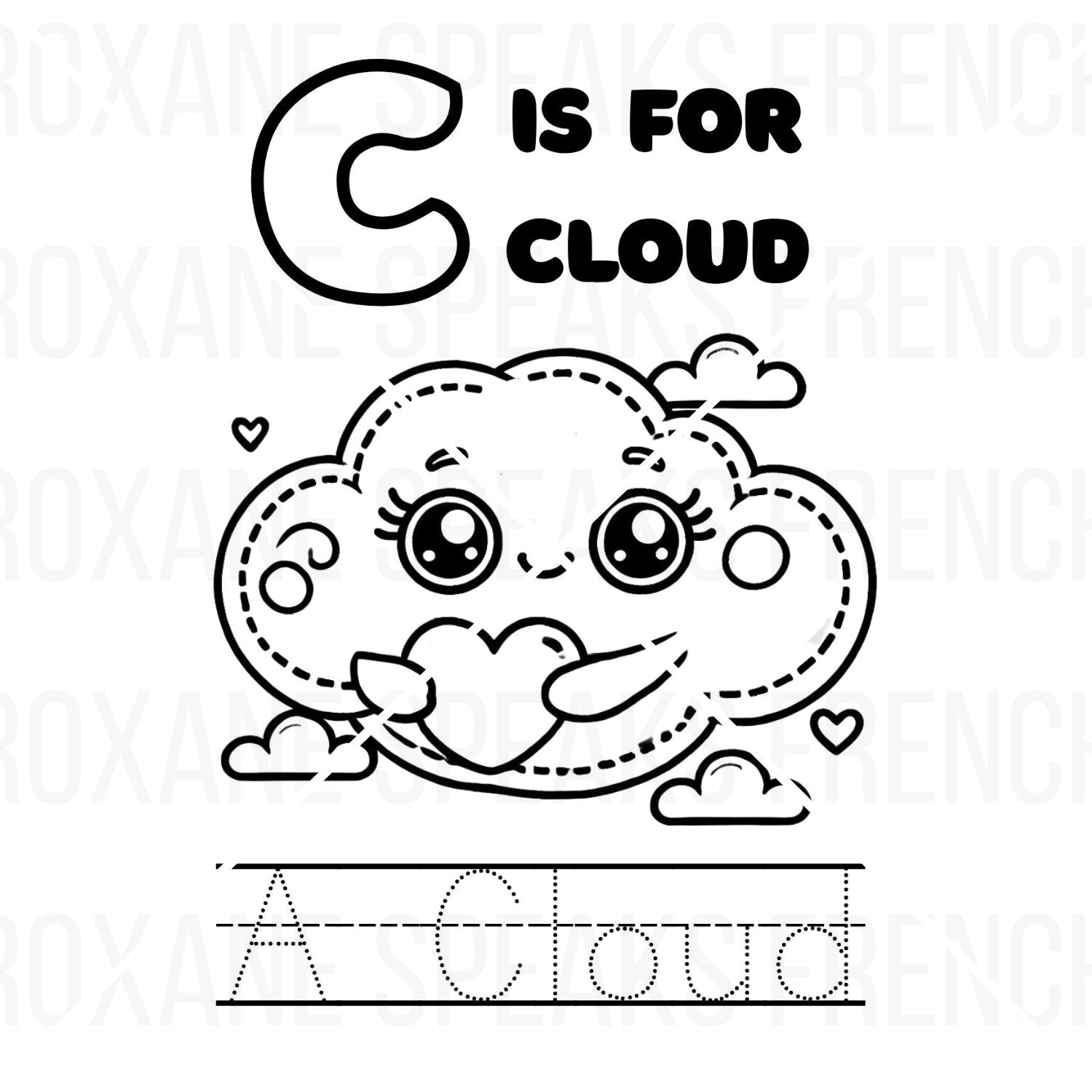 Alphabet coloring page: Letter C for Cloud, with a cute cloud illustration and word tracing activity.