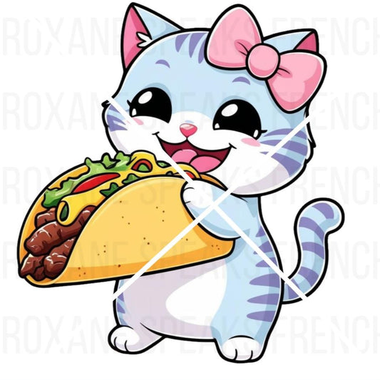 "A vibrant Twitch emote featuring a charming cat joyfully holding a large, colorful taco, perfect for streamers