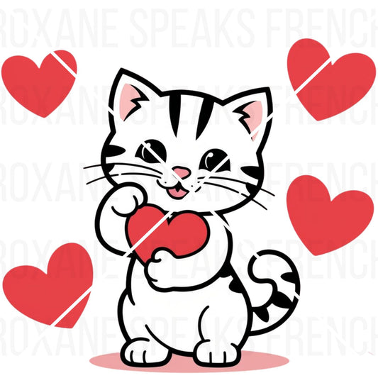 Cartoon cat holding a heart with red hearts around on a white background