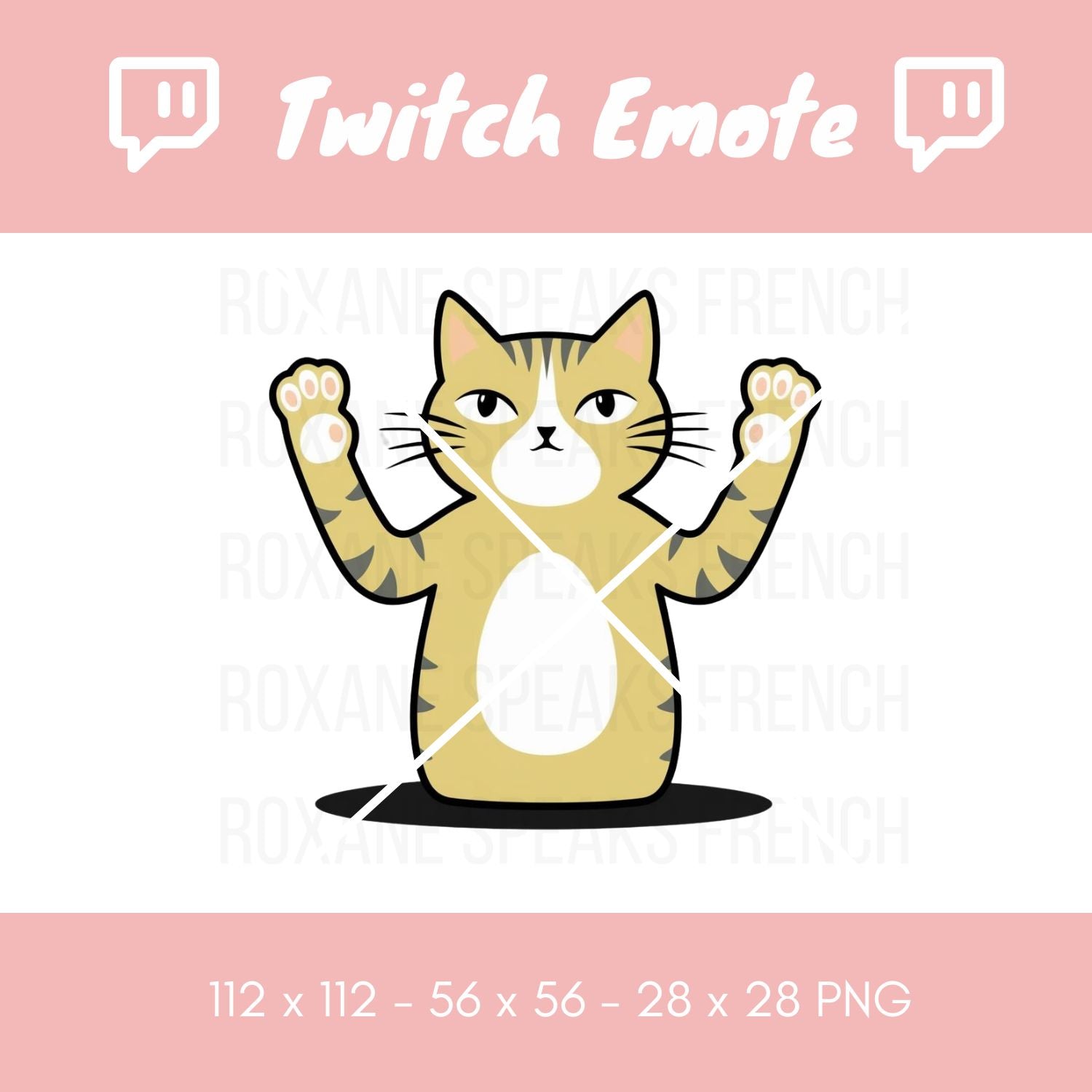 A Twitch emote featuring a cartoon cat with a surprised expression, standing with its paws raised.