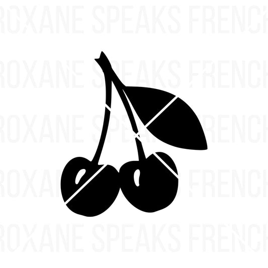 Black silhouette of two cherries with a leaf attached to the stem. The design features a clean, minimalist style with smooth curves and subtle highlights, making it ideal for crafting, vinyl cutting, and digital projects.