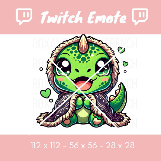 A chibi-style Twitch emote featuring an adorable green dragon wrapped in a cozy winter blanket. The dragon has big, expressive eyes, rosy cheeks, and a happy, wholesome expression, making it perfect for cozy and chill Twitch streams