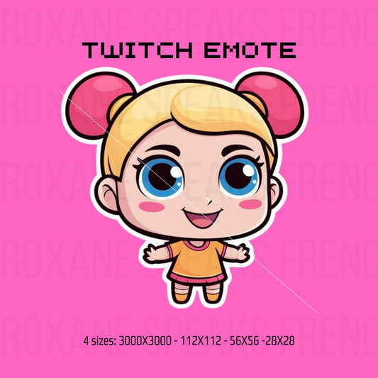 Cute Chibi Girl Emote with pigtails and big expressive blue eyes on a pink background. Perfect for Twitch and Discord, available in four sizes (3000x3000, 112x112, 56x56, 28x28).