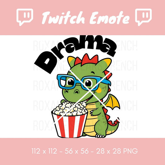 A kawaii green dragon wearing glasses while eagerly eating popcorn from a classic red and white striped bucket, designed as a Twitch emote titled "Drama."