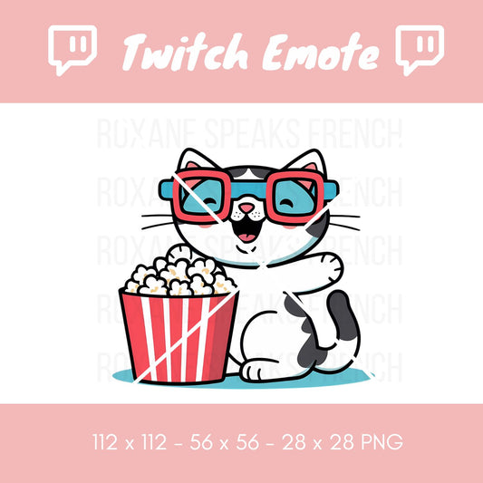 A kawaii-style Cinema Twitch emote depicting a cheerful white and black cat with vibrant red and blue 3D glasses, joyfully eating from a large red and white striped popcorn bucket.