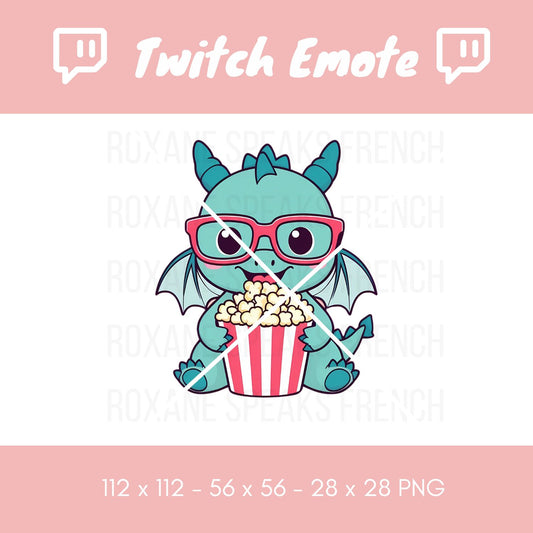 A Cinema Twitch emote featuring a cute dragon with teal scales, sporting red and blue 3D glasses, and munching on a bucket of popcorn, perfect for movie-themed streams.