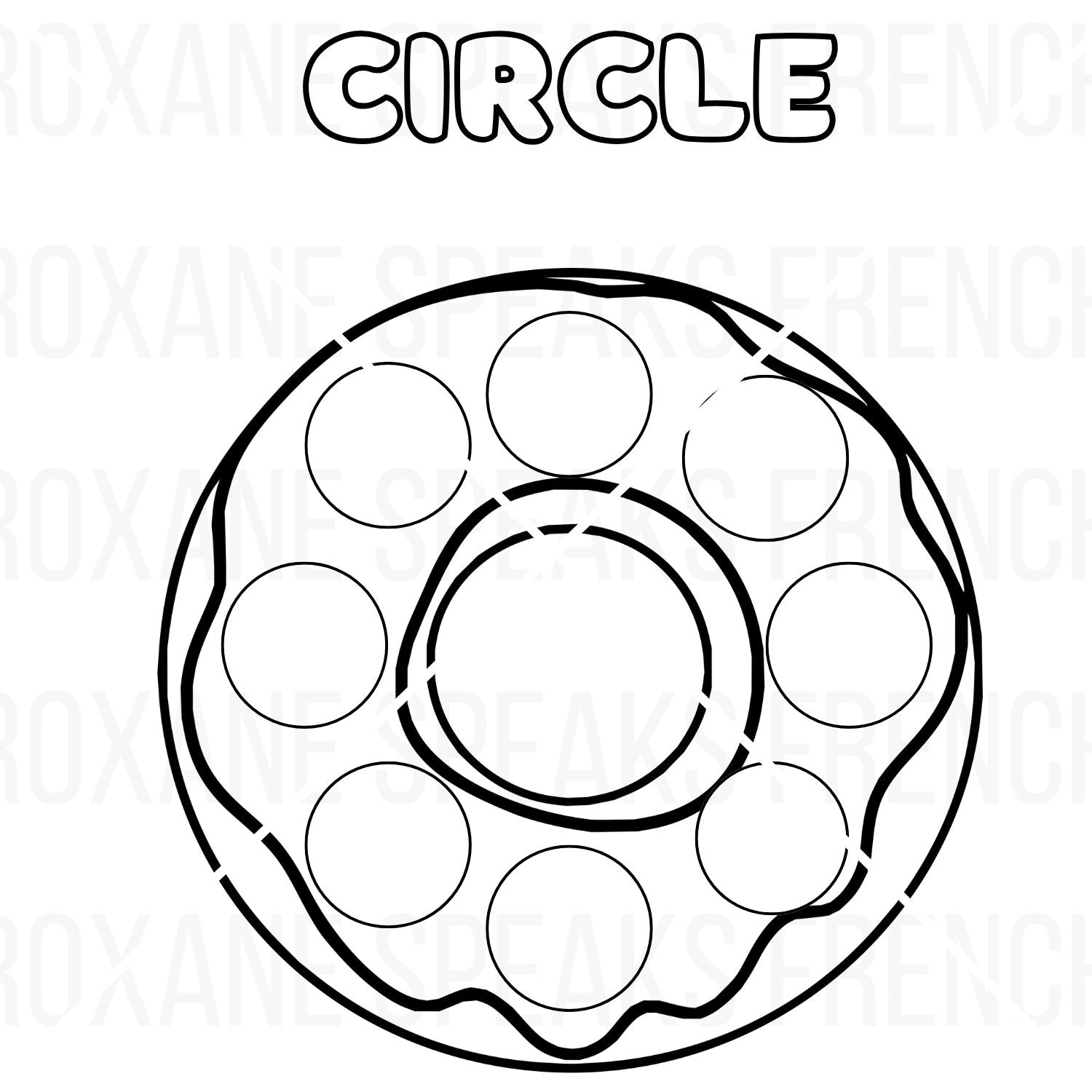 Coloring page featuring the word 'CIRCLE' in outline text above a large donut-shaped outline with smaller circles on its surface.