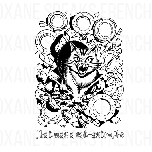 Cat coloring page for adults featuring a playful design of a mischievous cat surrounded by broken plates with the caption "That was a cat-astrophe." Perfect for stress relief and creative fun.