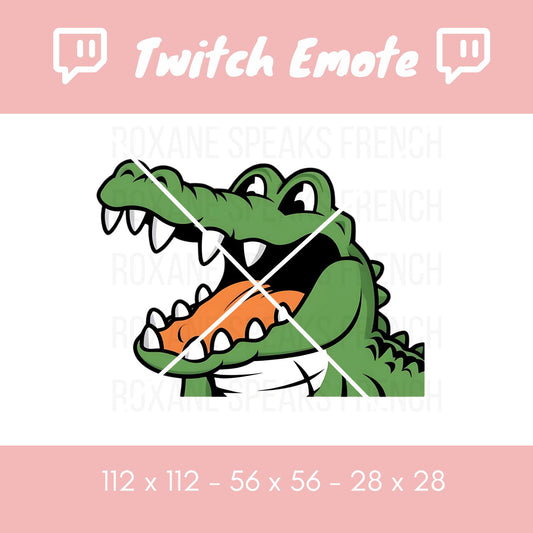 A bold and expressive crocodile Twitch emote featuring a fierce, open-mouthed gator with sharp teeth and an intense, hype-filled expression. Designed with clean, bold lines and exaggerated details, this emote is perfect for expressing excitement, dominance, or playful aggression in Twitch chat