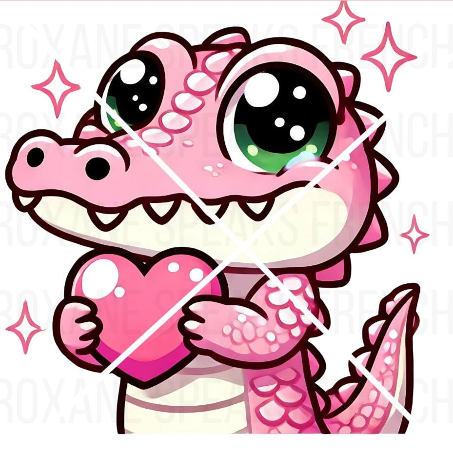 Twitch emote featuring a cute crocodile holding a heart, with big, sparkling eyes and a gentle, loving expression.