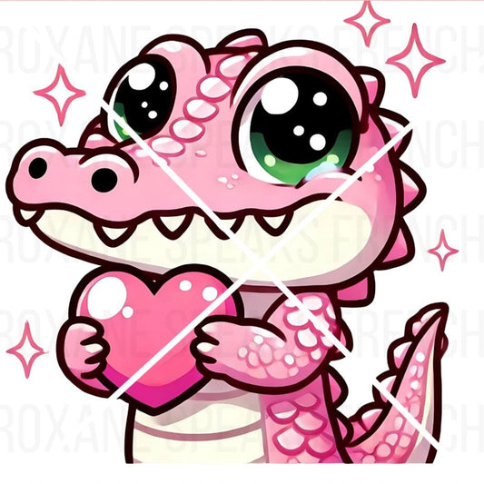 Twitch emote featuring a cute crocodile holding a heart, with big, sparkling eyes and a gentle, loving expression.