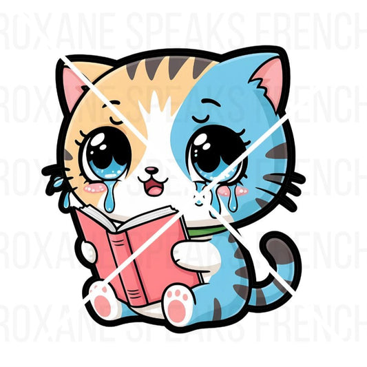 Expressive Twitch emote depicting a cute, multicolored cat with tears streaming down its face as it reads a red book. This emotional emote captures moments of sadness or frustration, ideal for streamers to convey deep feelings during intense gaming sessions or impactful story developments.