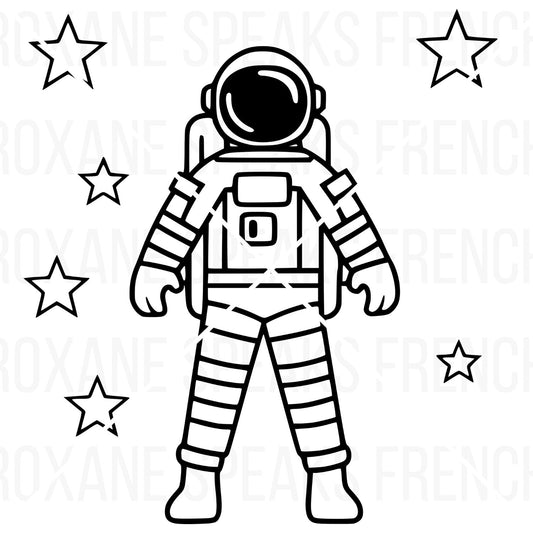 Cute astronaut SVG cut file for Cricut and Silhouette machines. Cartoon astronaut in spacesuit, surrounded by stars. Ideal for kids' crafts, nursery decor, and party supplies.