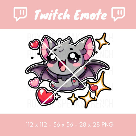 A charming Twitch emote depicting a cute gray bat with large eyes, fluttering wings adorned with hearts and stars, ideal for expressing love and delight on Twitch and Discord.