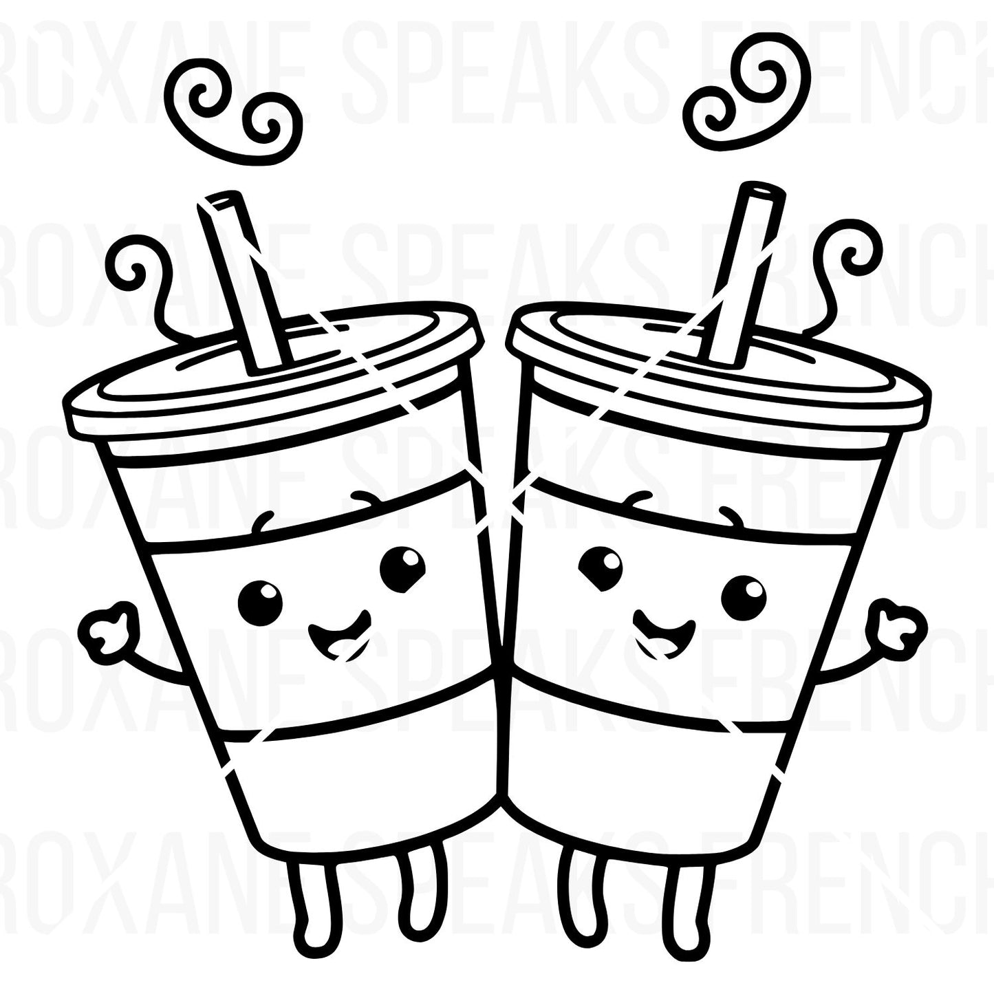 Adorable kawaii bubble tea friends clipart - two cartoon cups with happy faces interacting