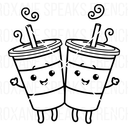 Adorable kawaii bubble tea friends clipart - two cartoon cups with happy faces interacting