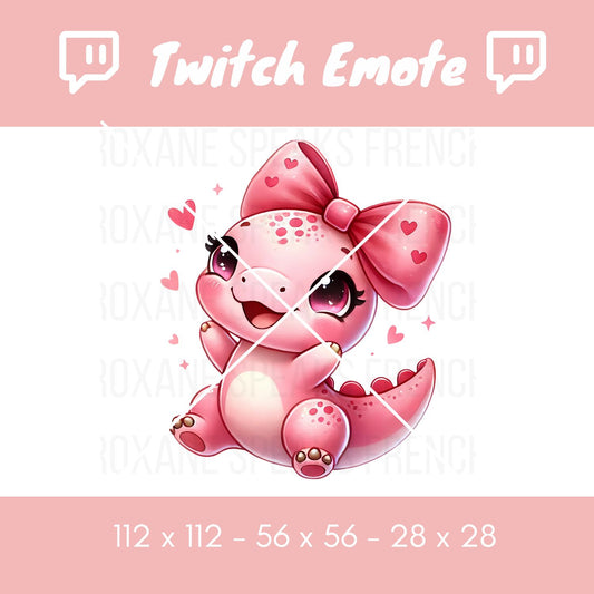 Pink dinosaur Twitch emote featuring a cute baby dino with big eyes, a pink bow, and hearts around it. Designed for Twitch and Discord, this emote is available in 112x112, 56x56, and 28x28 sizes with a transparent background. Perfect for adding a kawaii vibe to streams and chats.
