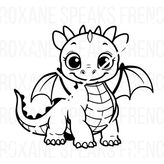 A black and white illustration of a cute, standing baby dragon. It features large, friendly eyes, a slight smile, and small spikes running down its head and back. The dragon has prominent bat-like wings and a scaly underbelly, standing in a friendly posture.